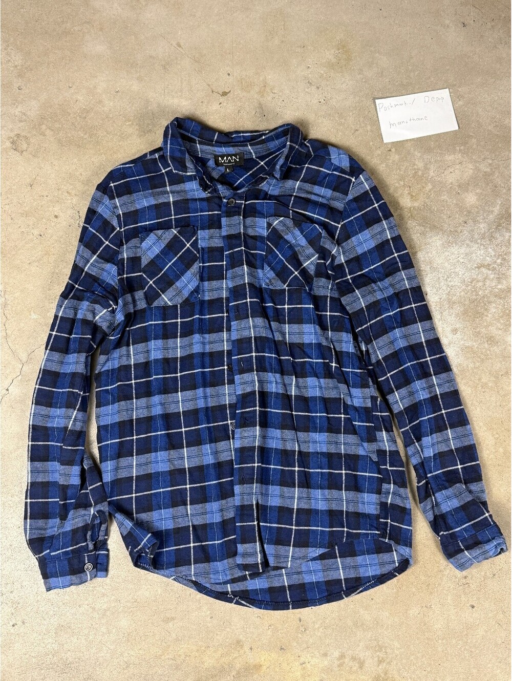 BoohooMAN Blue Black Plaid Flannel Shirt Men’s Large Long Sleeve Button Up